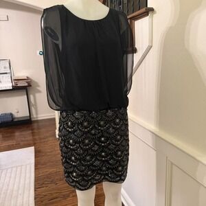 Aidan Mattox Black Sequin Cocktail Dress Sheer Chiffon Party Holiday Dress 10